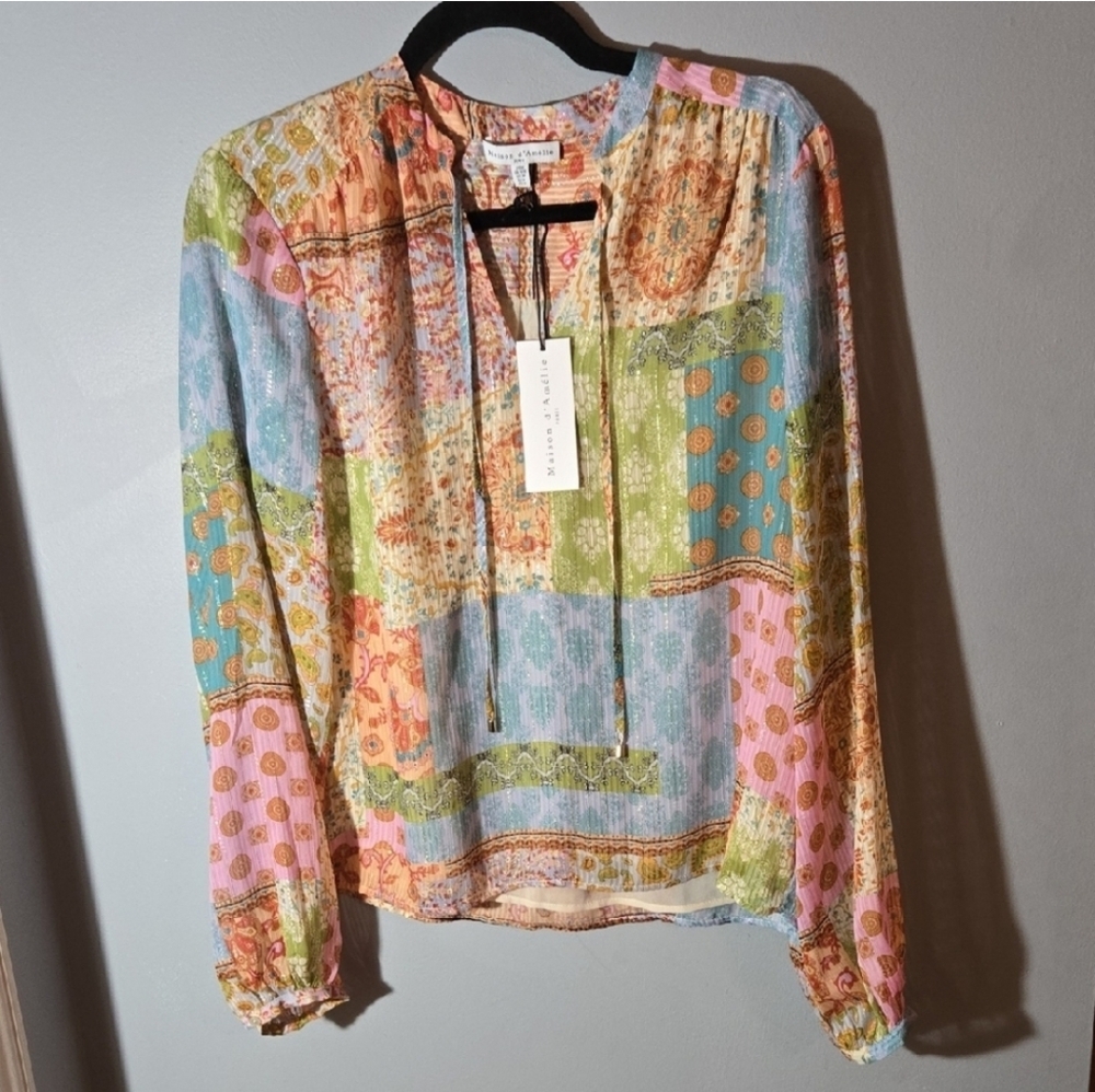 NWT Maison D'Amelie Medium Boho Patchwork Blouse Multicolor Pattern Sheer Vtg.